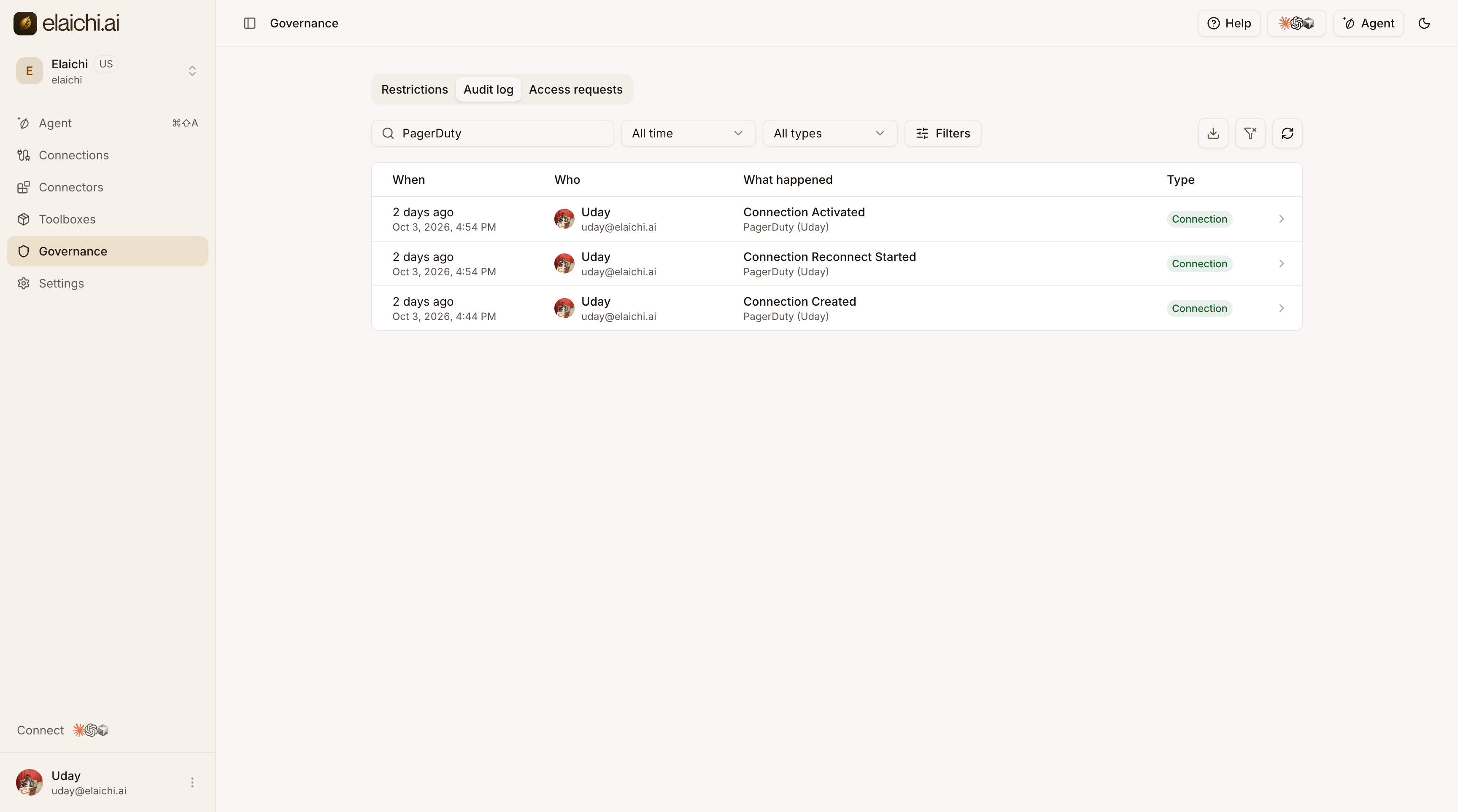 The audit log filtered to PagerDuty events