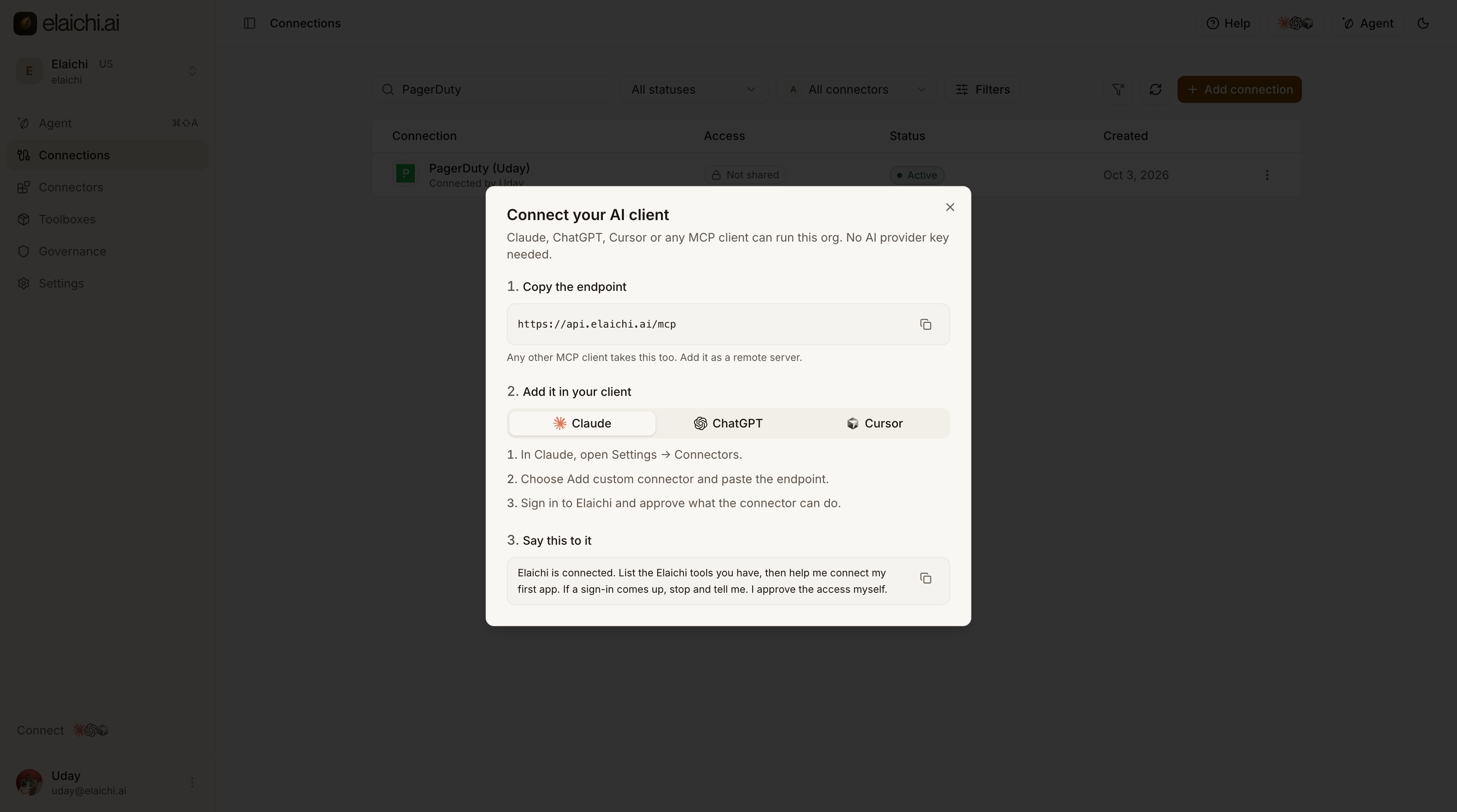 The Connect your AI client dialog with the endpoint and steps for Claude
